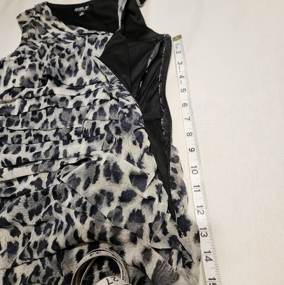 Allen B Cheetah Print Mesh Ruched Asymmetrical Mini Dress Black Beige X Small - Picture 11 of 12